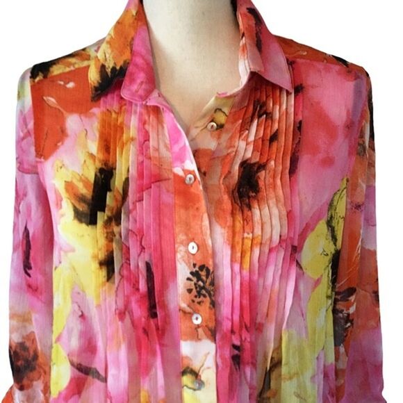 Fever Women’s Sheer Button Up Blouse Pink With Watercolor Floral Design Small - Picture 2 of 5
